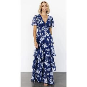 Baltic Born Montaigne Ruffle Chiffon Maxi Dress in Navy Blue Floral